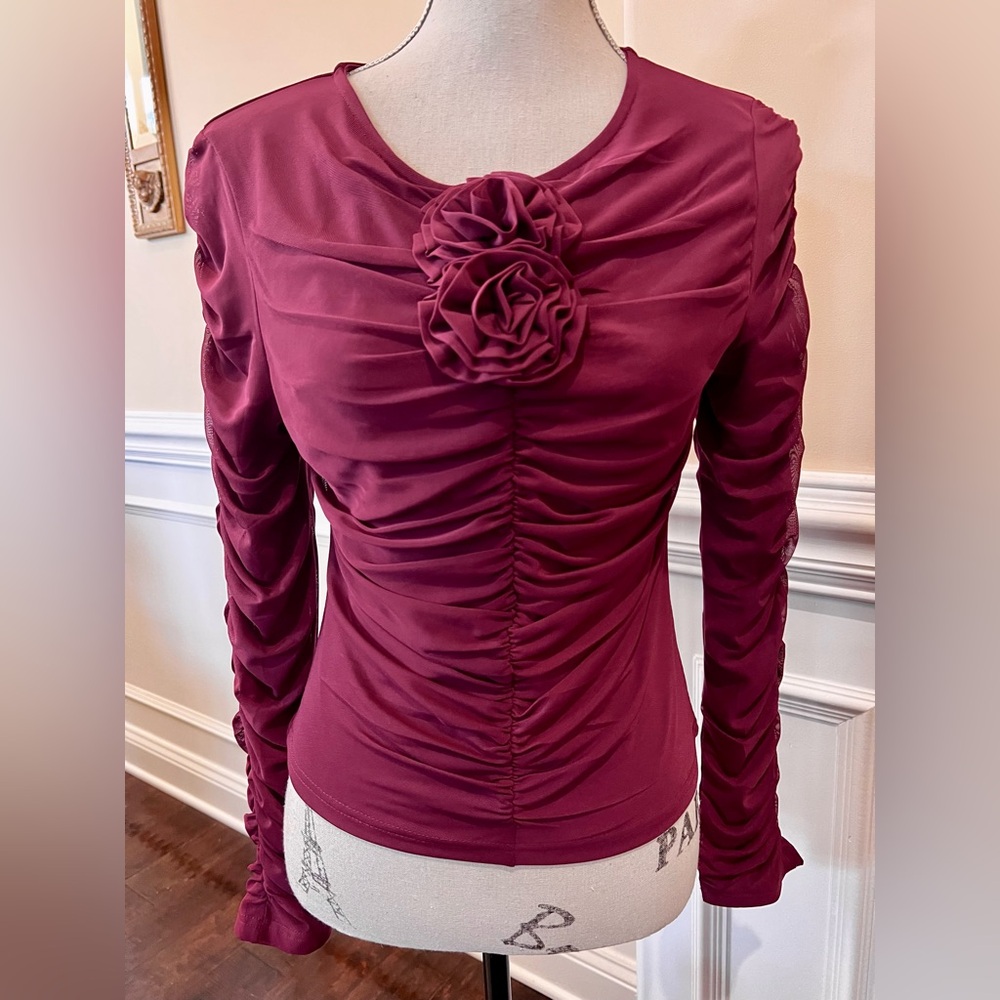 Burgundy, Ruched-Fitted-Long Sleeves, Rosettes Trim Top.